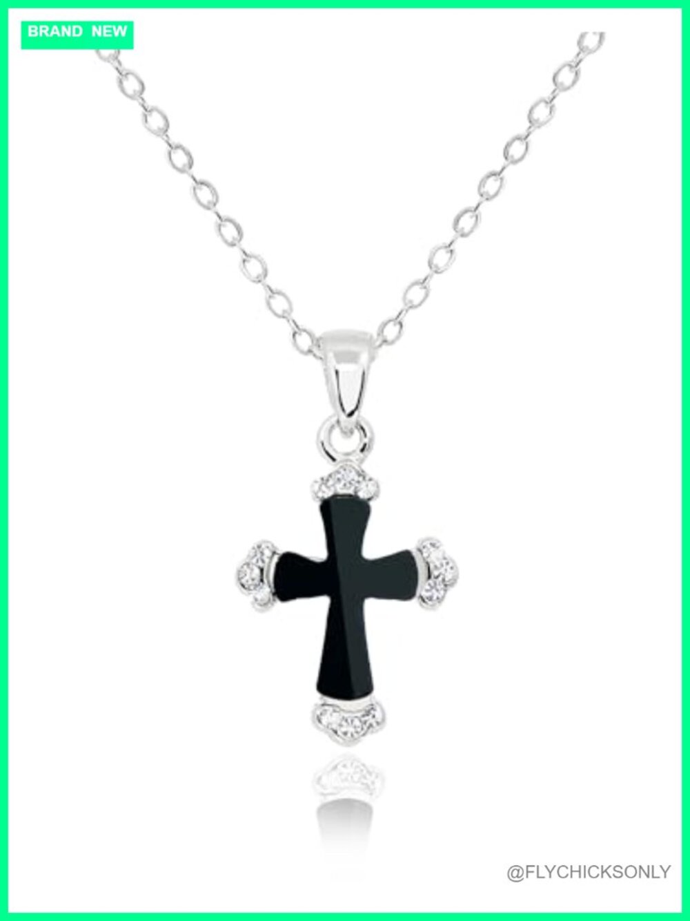 Cross Necklace Stainless Steel Rhodium Plated Onyx Pendant 17in Chain